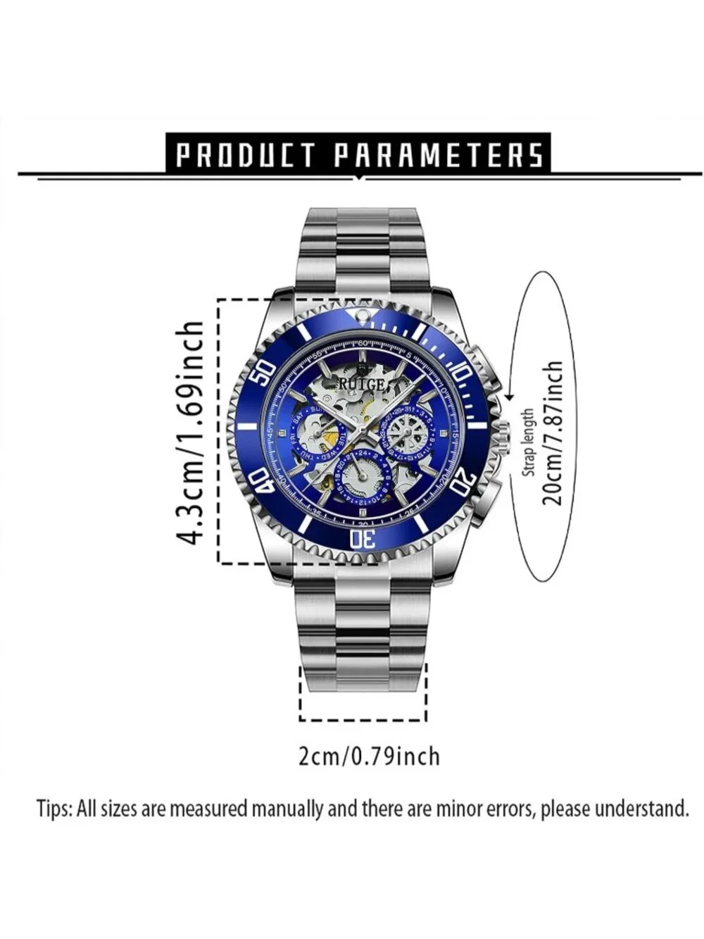 Men's Blue Automatic Skeleton 43mm Mechanical Luminous Stainless Steel Watch